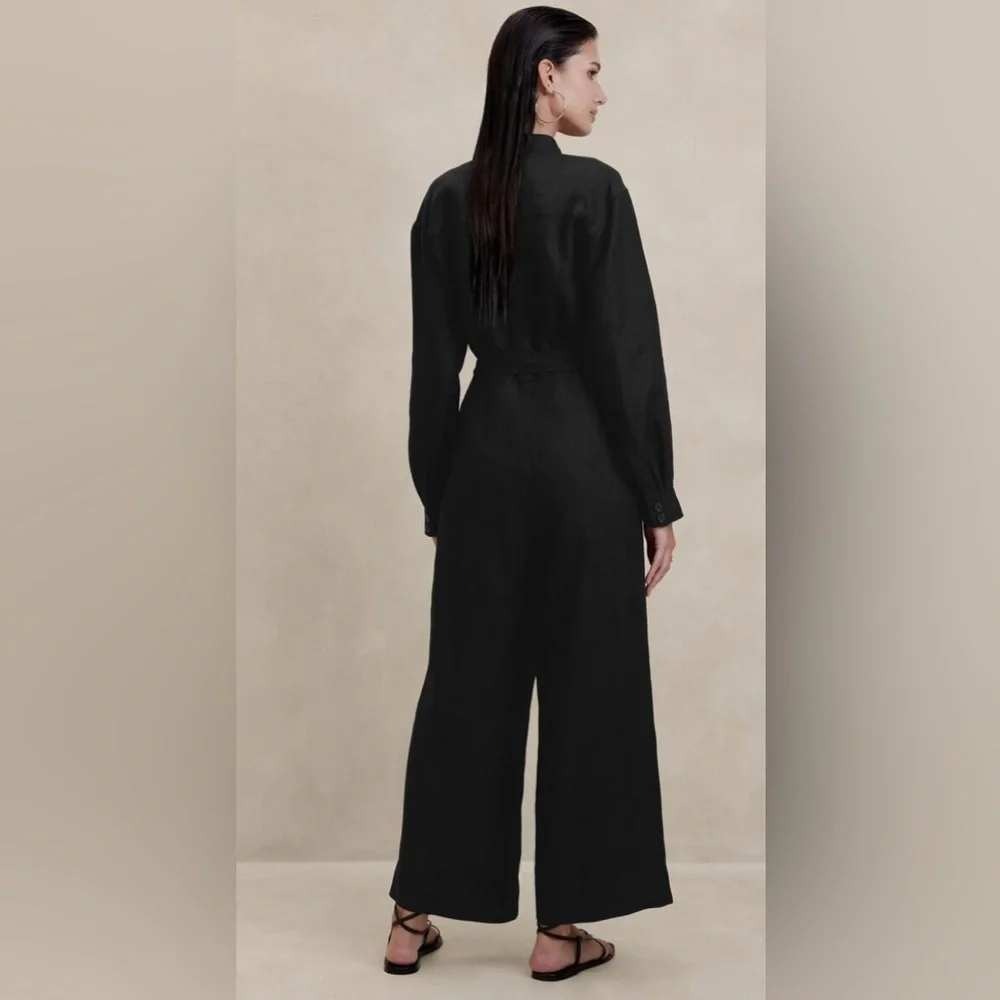 Banana Republic Lisa Linen Jumpsuit Women S Tall Black Wide Leg Long Sleeve - Picture 2 of 12